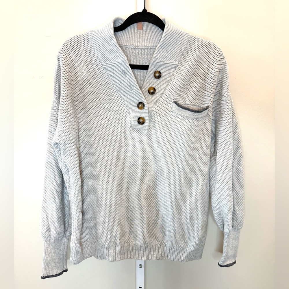 Men’s Lunya Light Gray Cotton Silk Pocket Henley Knitted Sweater Pullover Small